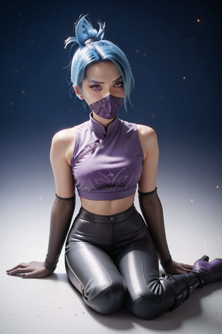 1girl, night thief, blue hair, folded ponytail, purple eyes, ninja mask, mouth mask, purple crop top, black shiny high waisted disco pants, black elbow gloves, thigh boots, sitting on the floor, look at the viewer