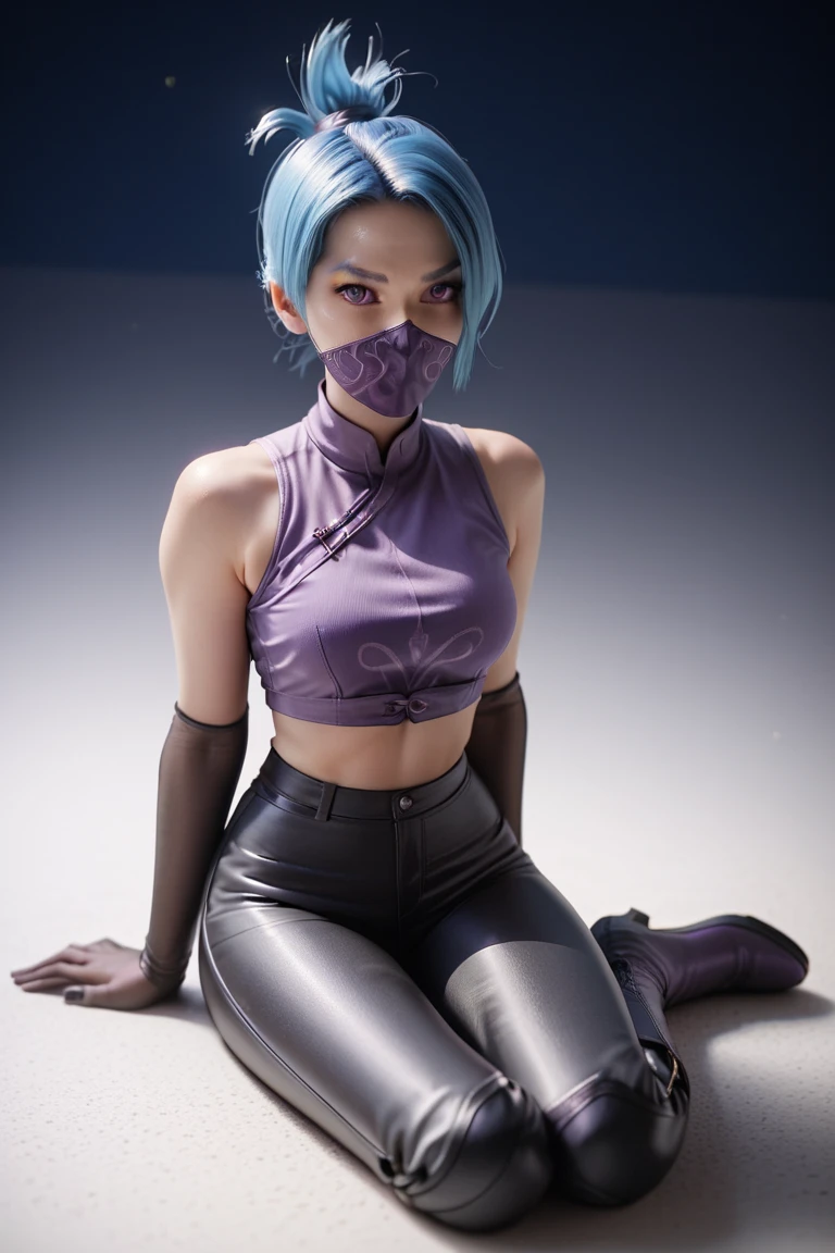 1girl, night thief, blue hair, folded ponytail, purple eyes, ninja mask, mouth mask, purple crop top, black shiny high waisted disco pants, black elbow gloves, thigh boots, sitting on the floor, look at the viewer