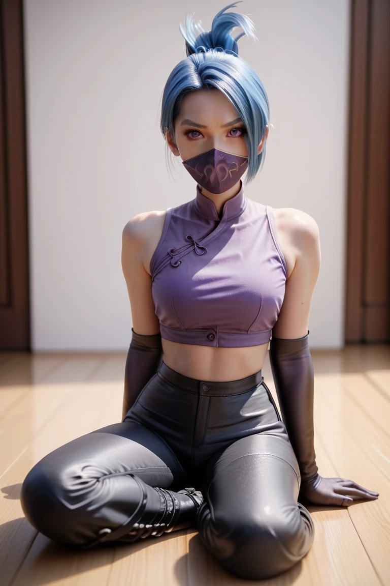 1girl, night thief, blue hair, folded ponytail, purple eyes, ninja mask, mouth mask, purple crop top, black shiny high waisted disco pants, black elbow gloves, thigh boots, sitting on the floor, look at the viewer