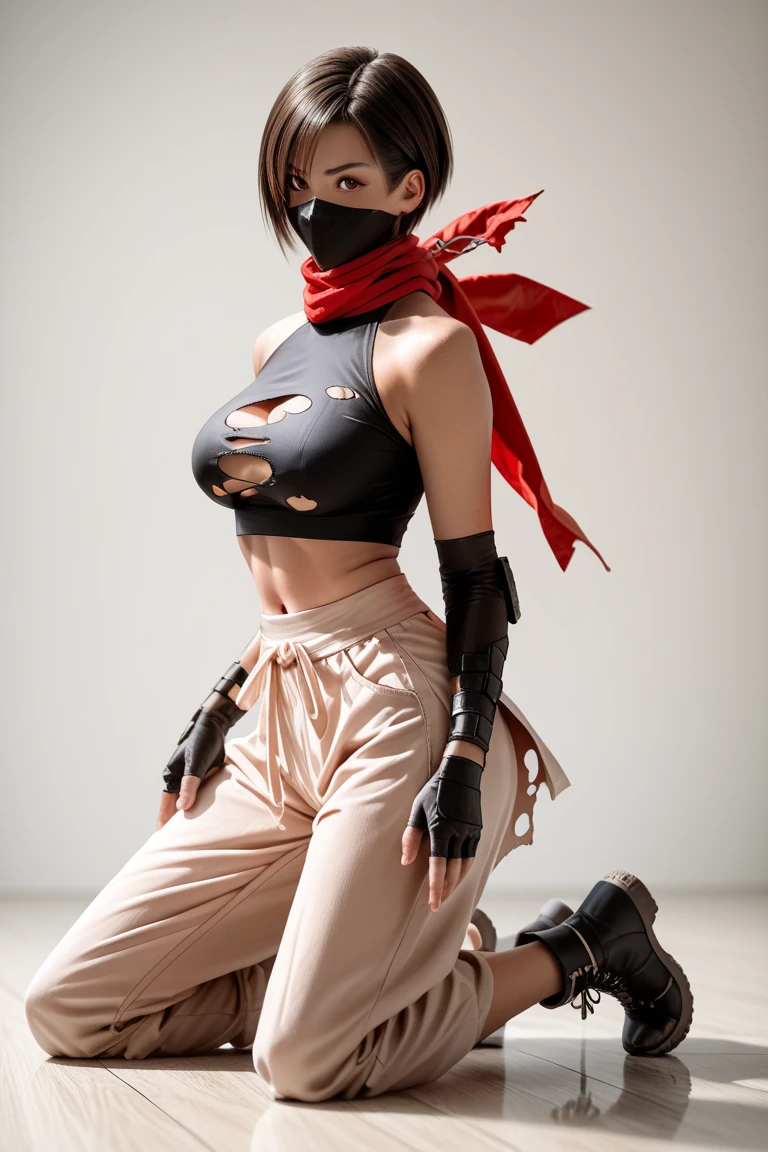 1girl, DOALisa, short hair, brown hair, white-skinned female, ninja clothes, mouth mask, ninja mask, red scarf, black crop top, halterneck, bare shoulders, navel, elbow gloves, fingerless gloves, red harem pants, torn gray skirt, ninja boots, standing on the floor, show arm put, put two arm in the air kuji-in, look at the viewer