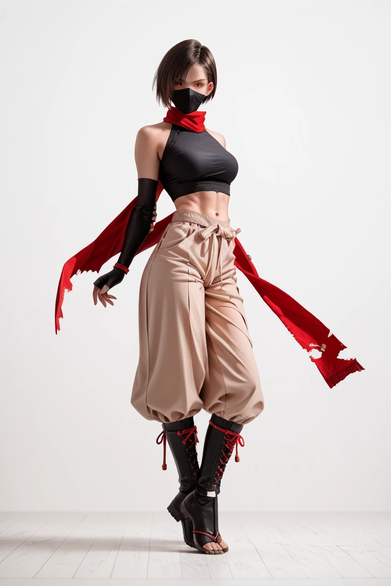 1girl, DOALisa, short hair, brown hair, white-skinned female, ninja clothes, mouth mask, ninja mask, red scarf, black crop top, halterneck, bare shoulders, navel, elbow gloves, fingerless gloves, red harem pants, torn gray skirt, ninja boots, standing on the floor, show arm put, put two arm in the air kuji-in, look at the viewer