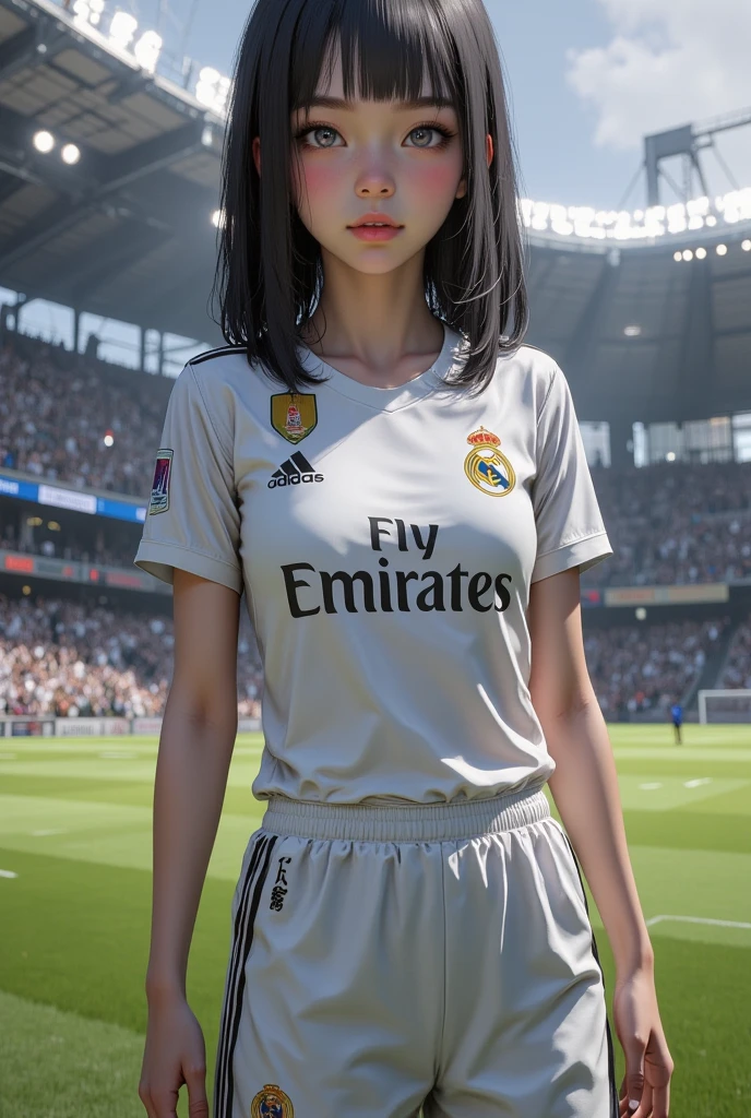 Anime girl (ethnicity:asian, age:1.1), wearing white soccer uniform of Real Madrid (detailed clothing:1.2), (accessories:1.1), (detailed skin texture:1.2), (facial features:1.3), (expression:serious), (body type:athletic), (pose:standing),  facing three-quarters view, lower body facing viewer,  (long black hair:1.2) is centered in a stylized anime illustration; vibrant colors, (realistic skin tones:1.3) depicting a soccer field (green field:1.1) in the background, stadium stands are visible in the hazy background;  bright lighting focuses on character detail;  dynamic and energetic composition;  photorealistic style, anime art;  (detailed uniform:1.3); athletic pose, confident expression, illustration, vibrant colors, (high detail:1.3), (sharp focus:1.3).