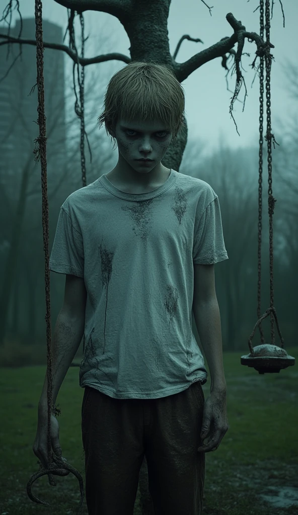  In an abandoned park ,  the rusty swing rocks only under a dark gray sky.  The boy is standing in front of a twisted tree ,  with roots sticking out of the ground , as if they were claws .  His blond hair is drenched by the light rain that falls ,  clutching to his forehead . his blue eyes,  cold and expressionless ,  they look at the slowly moving swing .  His white t-shirt is completely wet ,  leaving a glimpse of his pale skin ,  and his pants are covered in mud .
