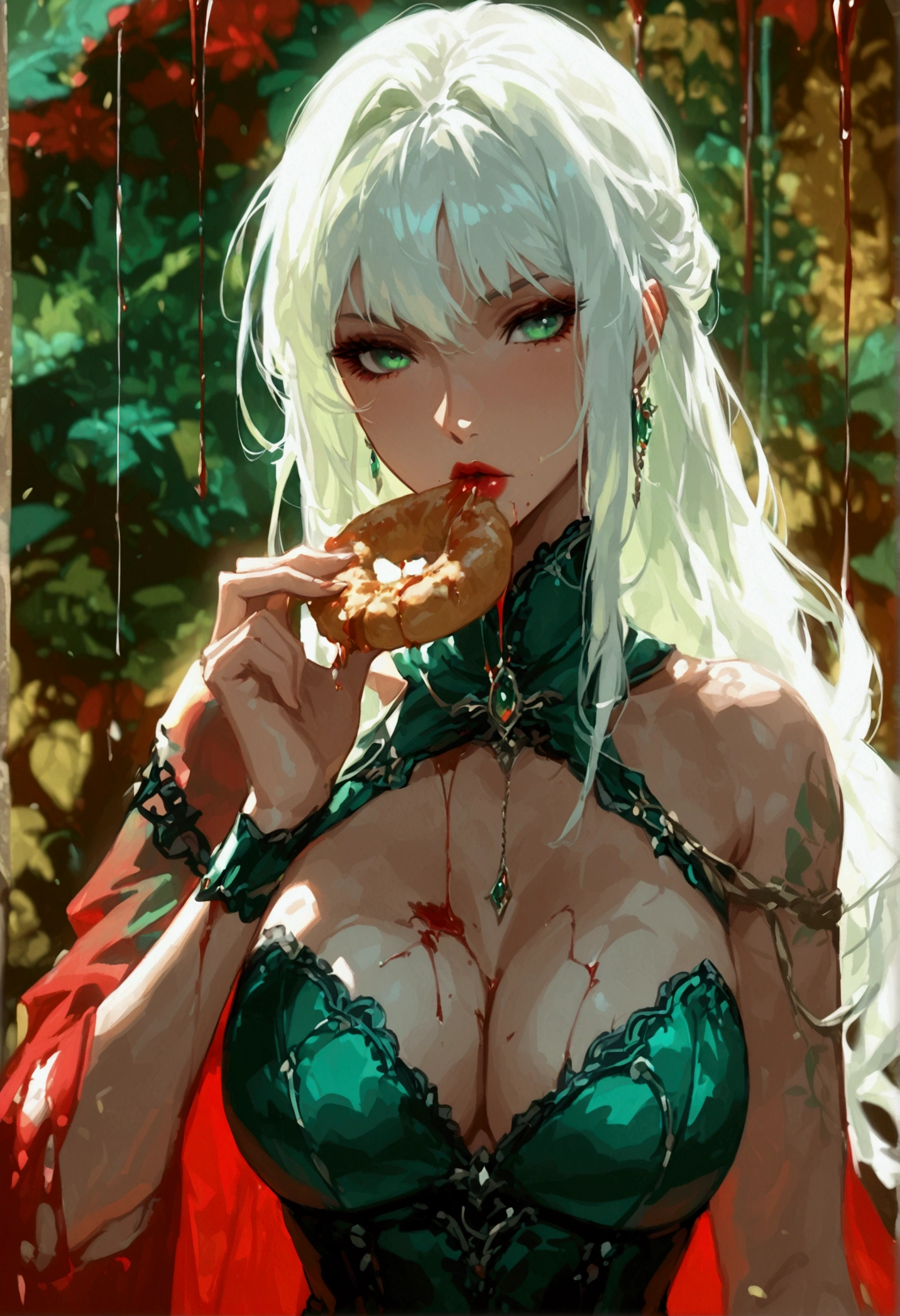 score_9, score_8_up, score_7_up, score_6_up, score_5_up, score_4_up, Arafed, a portrait of an vampire woman eating a bloody cookie, drpping blood, exotic beauty, long hair, white hair, (emerald green eyes), dark red lips, glamour shot, she wears an (red: 1.3) elegant suit, (green cloak: 1.3), high heel boots, full body shot, 16k, ultra detailed, masterpiece, best quality, (extremely detailed), arafed, dnd art Cinematic Shot