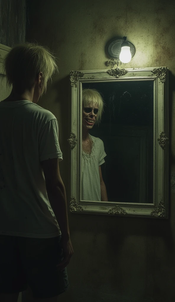 In the basement of the house , illuminated by a flashing bulb , the boy is standing in front of an antique mirror . His reflection in the mirror is different : His face is deformed , with black eyes like pits and an unnatural smile that reveals sharp teeth . His blond hair in the reflection seems longer and more messy , while his real version remains motionless , with his hair wet and attached to his forehead . He wears the same torn white t-shirt and shorts stained with dry mud.