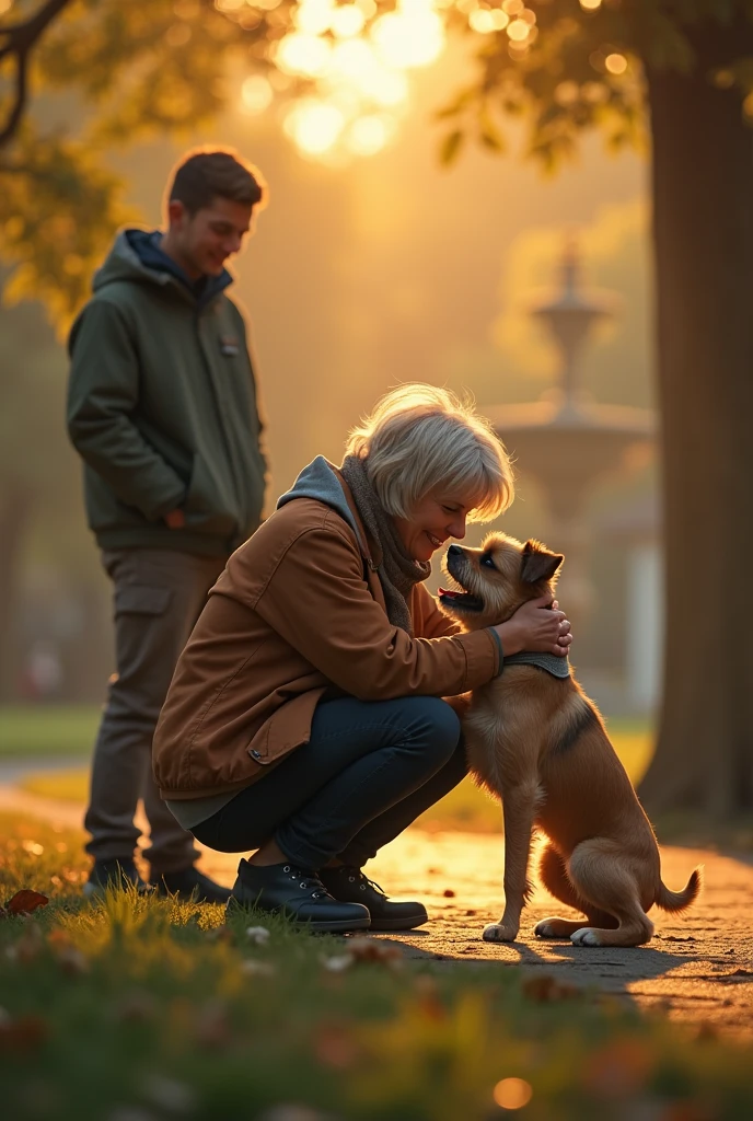 "A middle-aged woman with short blonde hair kneels to embrace her small terrier near the fountain. She looks relieved and emotional as she holds the dog close. The young detective stands nearby, smiling subtly. The park setting is illuminated by golden hour light, with soft shadows and warm tones emphasizing the emotional reunion." --ar 16:9