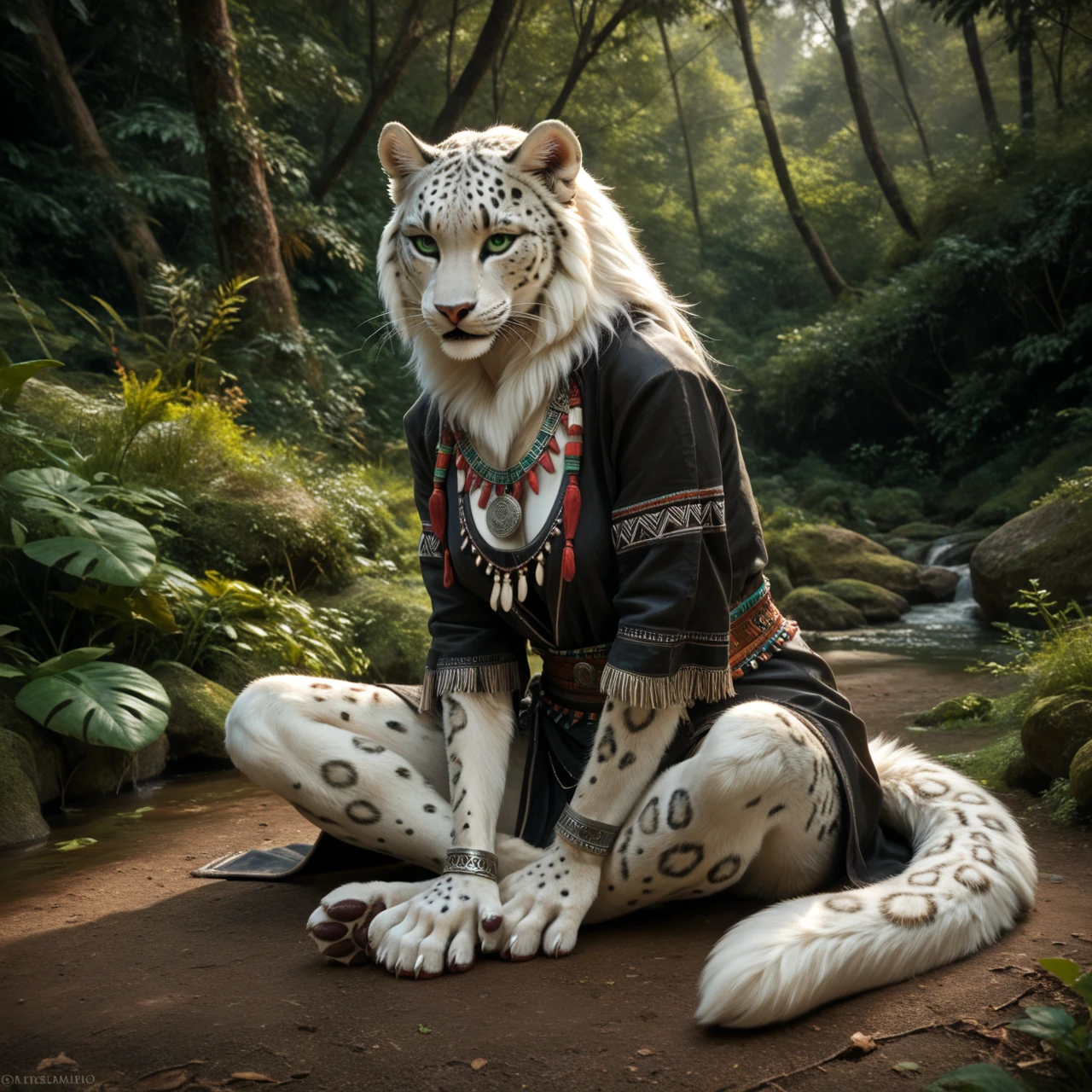 score_9, score_8_up, score_7_up, score_6_up, white leopard, female, with mane, indian archer, indian tribal clothing, anthro, sits, human-like hands, (detailed background), nature, in the high mountains, white fur, (solo), high quality, furred body, paws, handpaw, fluffy, silver bracelets on all legs, silver bracelets on the calf, with claws, silver collar with medallion, intense panther-coat-pattern on the entire body, makes grimaces, strong dark coat markings, (detailed eyes, green eyes), slightly muscled, highly detailed, realistic white fur, beautiful, photorealism, photorealistic, dslr, photo, full body, pawpads, paw pads, dutch angle