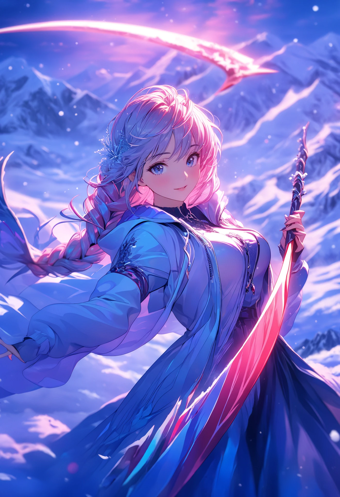 anime, wallpaper, Valkyrie, snow background, mountain,  girl ,  Braided Scythe ,  curvy build, bright colors, rich colors , Warm tanned outfit, jacket ,  Perfect anatomy,  Beautiful,  masterpiece fails,  maximum quality,  better quality ,  intricate details, 8 k, score_9, score_8_up, score_7_up, masterpiece, best quality, 8k,