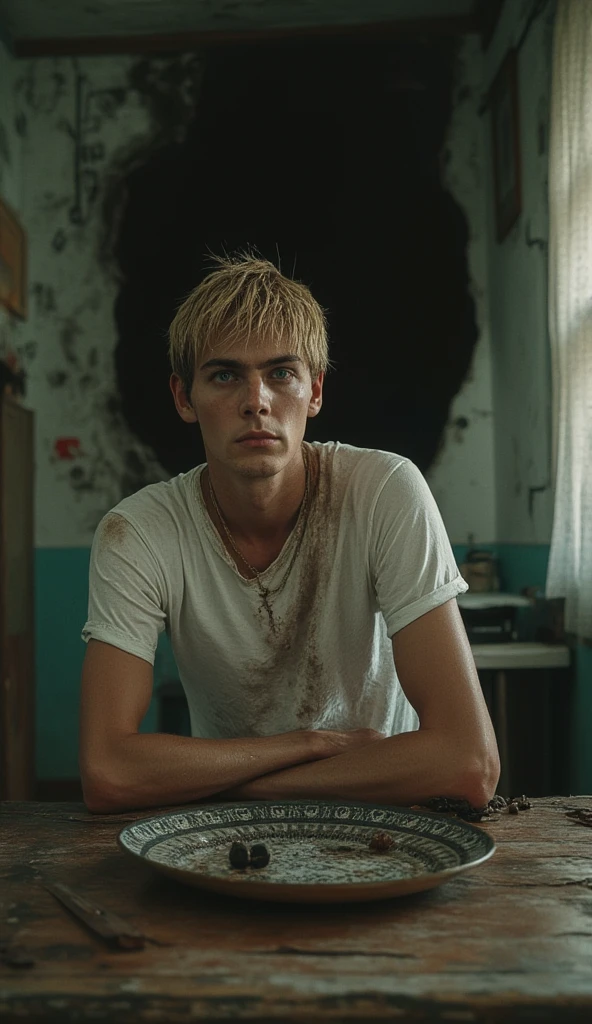 the  está de pie en el comedor de la casa,  a broken wooden table in front of him ,  with broken plates scattered on the floor .  A portrait of the family is hanging on the wall,  but the image has disappeared ,  leaving only a black hole in its place . the ,  with his blond hair soaked in moisture ,  he stares intently at the hole .  His blue eyes shine with inhuman light ,  and his white t-shirt is now torn , dirty and soaked .
