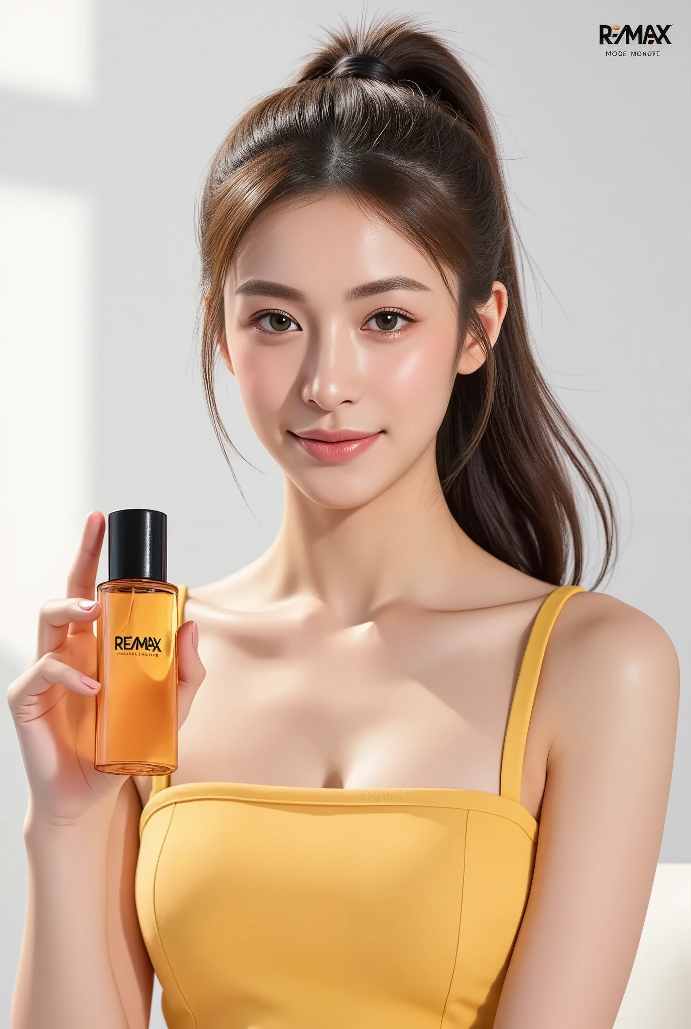 ASIAN GIRL HOLDING A YELLOW PERFUME WITH REMAX LOGO IN THE MIDDLE