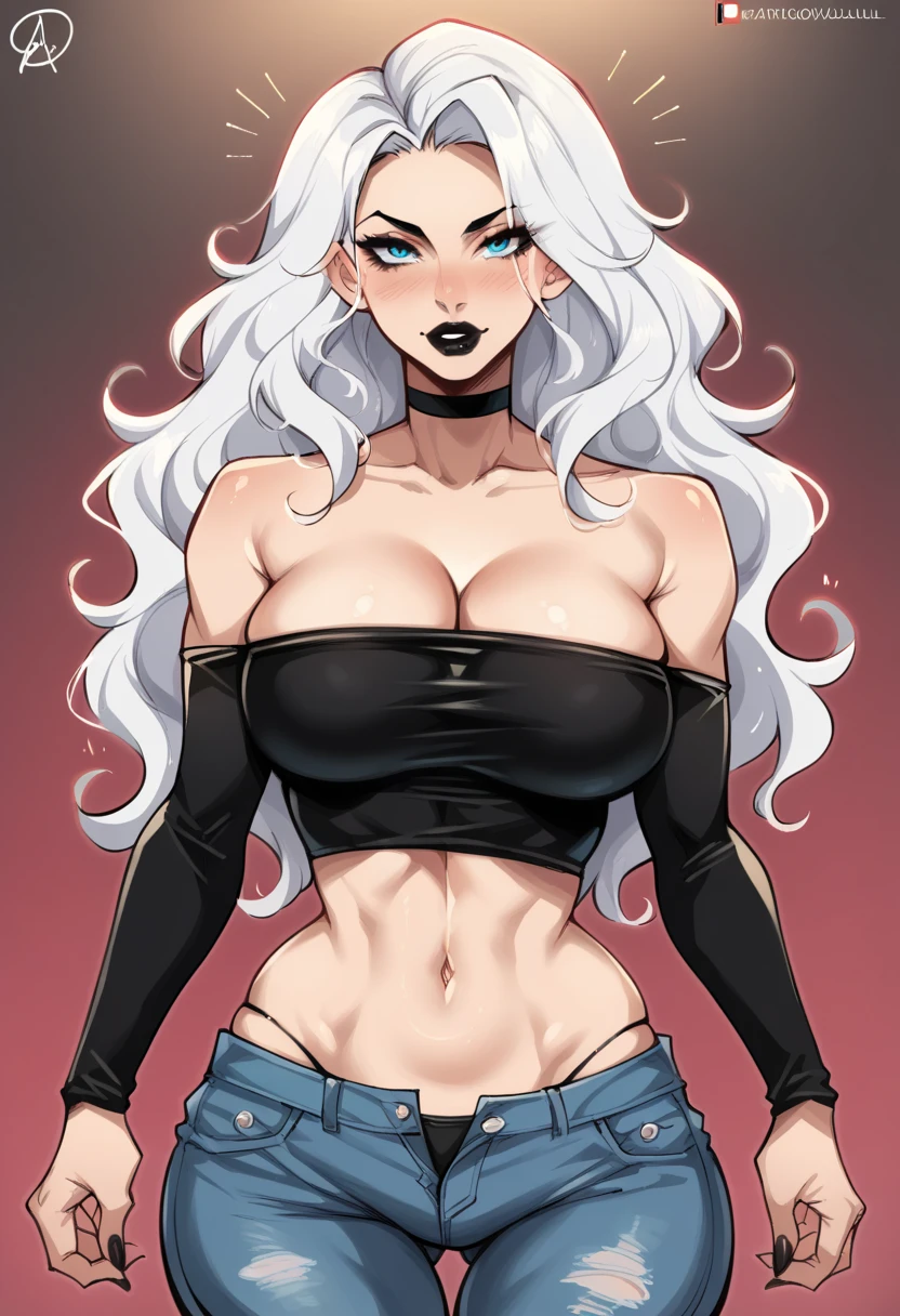 1 girl, Beautiful woman, big breasts, fit body, hourglass figure, wide hips, athletic, cleavege, decolette, collarbone, strapless, black tube top, detached sleeves, bare midriff, black thong, blackcatmarvel, large breasts, white hair, long hair, black lipstick, wavy hair, felicia hardy
long hair
blue eyes