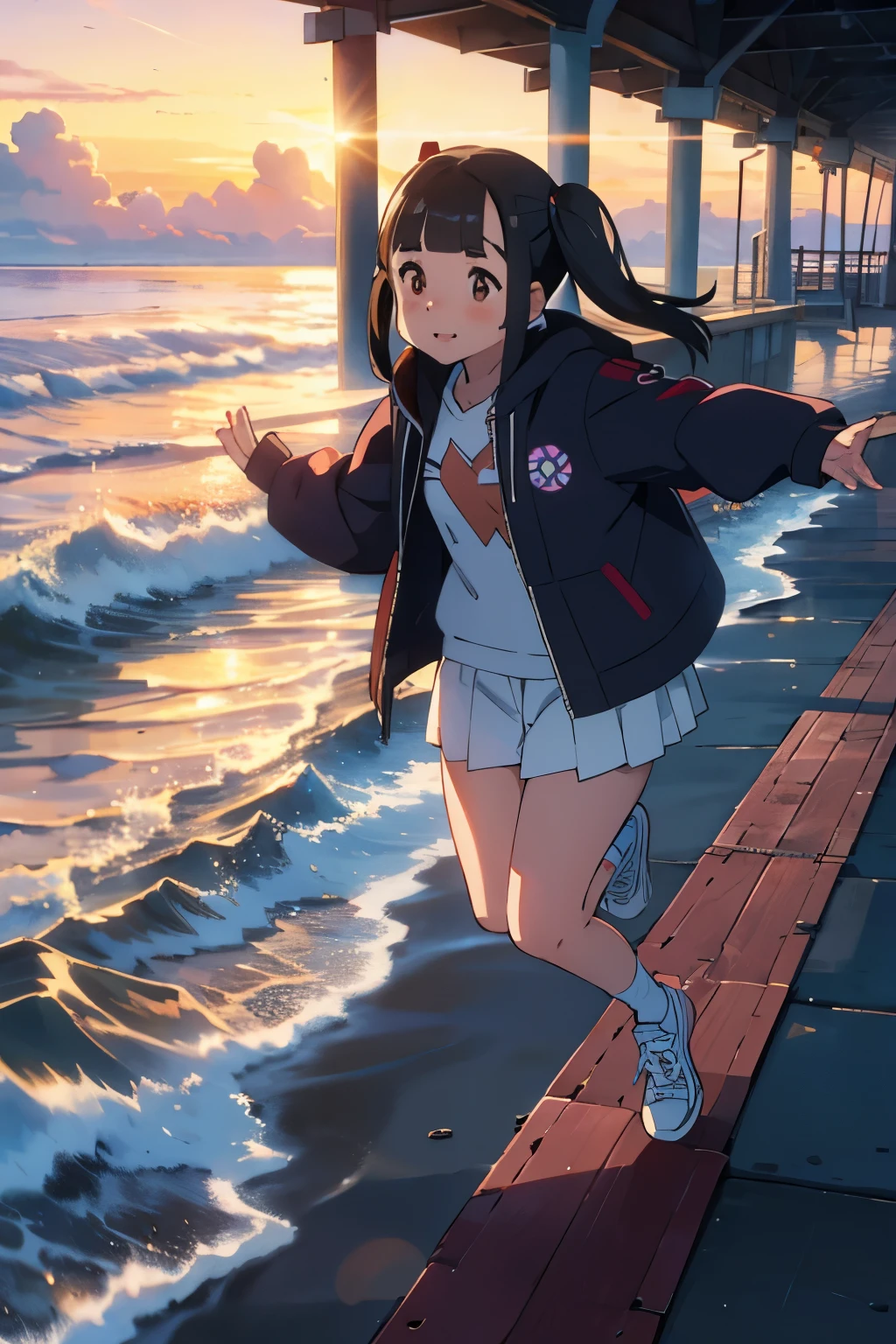 Squats and，  young girl，1 person，  short，   temptation of  figures   ，Droopy eyes，baby face，Round face， thick eyebrows，  short twin tail，blunt bangs，  black hair，glass，  brown eyes，Residential Park，positive，  very thin thighs ，To you， smile ，  down jacket ， sunny winter day   ，  sneakers，   on the seaside pier at dusk ，   break through the pier at full speed  、 Jumping into the sea，  Beautiful Sunsets  ，Flower-like scent, Playing with cats，(:1.5)