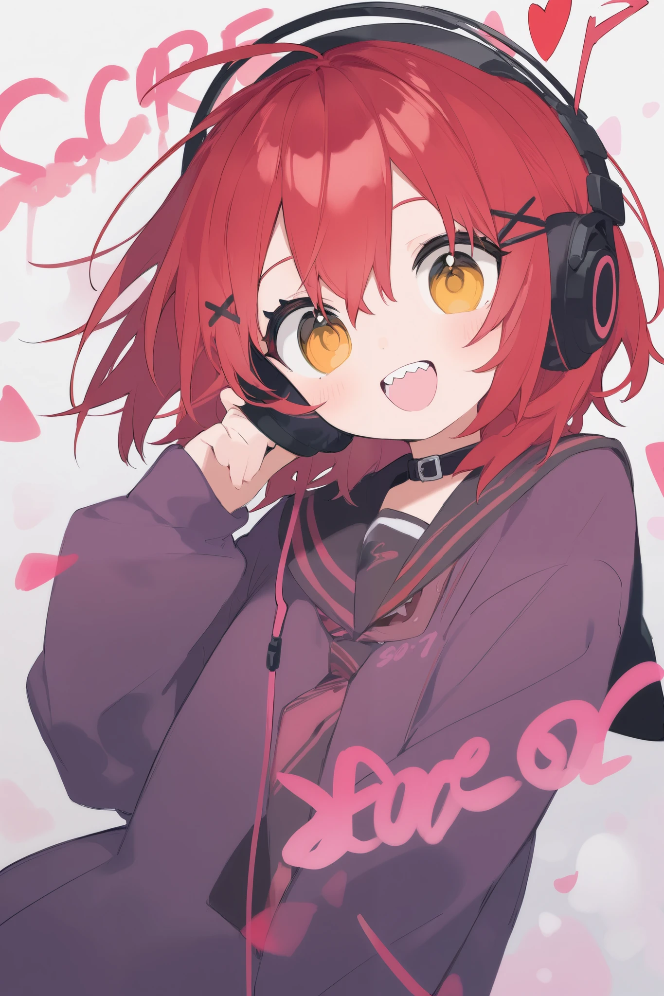 Illustration of a girl with red hair and cute double teeth wearing headphones