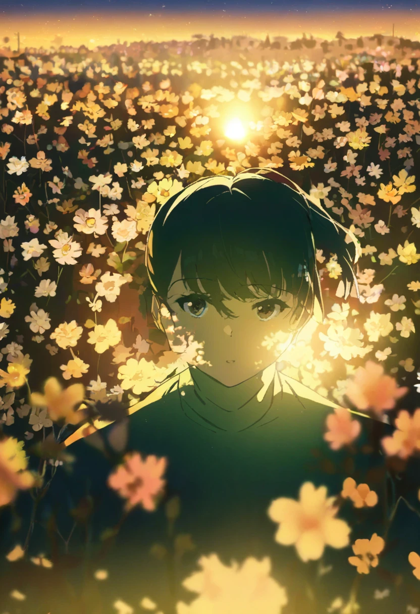 1 Girl，Sunset， atmosphere under the stars，Beautiful light and shadow，Too many thrown flowers block the face，Blurred foreground， brown angled ponytail ，Green sweatshirt