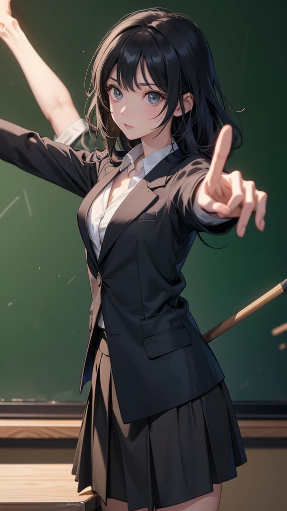 Anime style, sharp, high contrast and highly detailed. Ghibli anime style. Perfect anatomy. Perfect body ratio. No oversized head. No blurry, out of focus pictures. No simple background, no single color background. Small head.
sadayo_kawakami is standing in a classroom in front of a blackboard. She is wearing a dark blazer, a shirt and a pencil skirt. She is pointing to a formula written on the blackboard using a stick. She is a teacher teaching math class.
 full body.