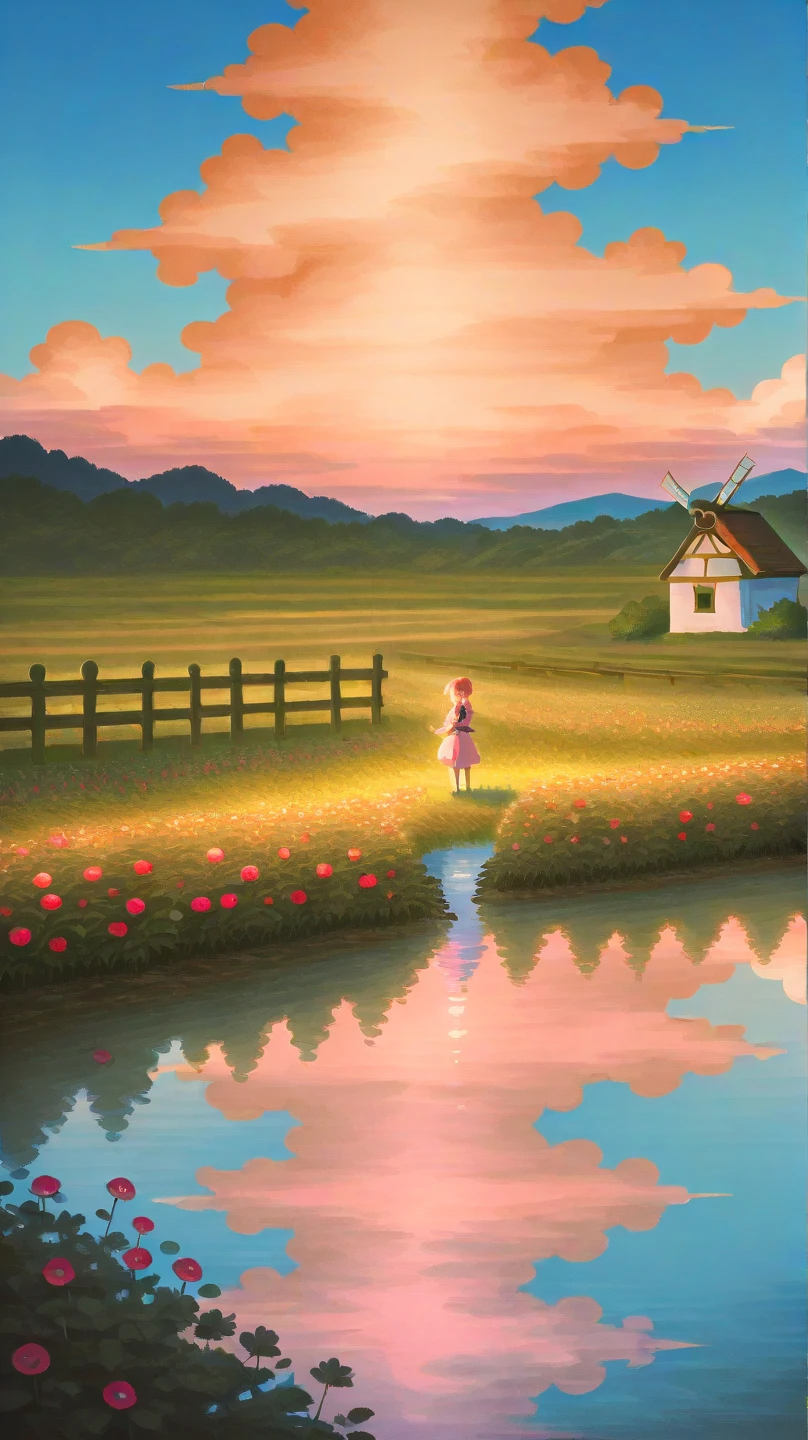 A magical countryside landscape inspired by Hayao Miyazaki's anime art style. A tall, rustic windmill made of weathered stone and wood stands slightly off-center to the right, its large wooden blades casting gentle shadows. A winding dirt path leads from the foreground, weaving through vibrant meadows of blooming pink and red flowers, with puddles of water reflecting the warm hues of the sky. The fields are lined with simple wooden fences, adding structure to the idyllic scene. Dense, shadowy green trees and shrubs frame the right side of the windmill, enhancing its prominence. Above, a breathtaking sky transitions from golden-orange and pink clouds illuminated by the setting sun to a deep blue filled with twinkling stars, creating a dreamy and serene atmosphere. The composition is richly detailed, with a painterly texture and vibrant colors that evoke a sense of nostalgia and wonder, capturing the essence of Hayao Miyazaki’s storytelling in a 4K digital illustration format.