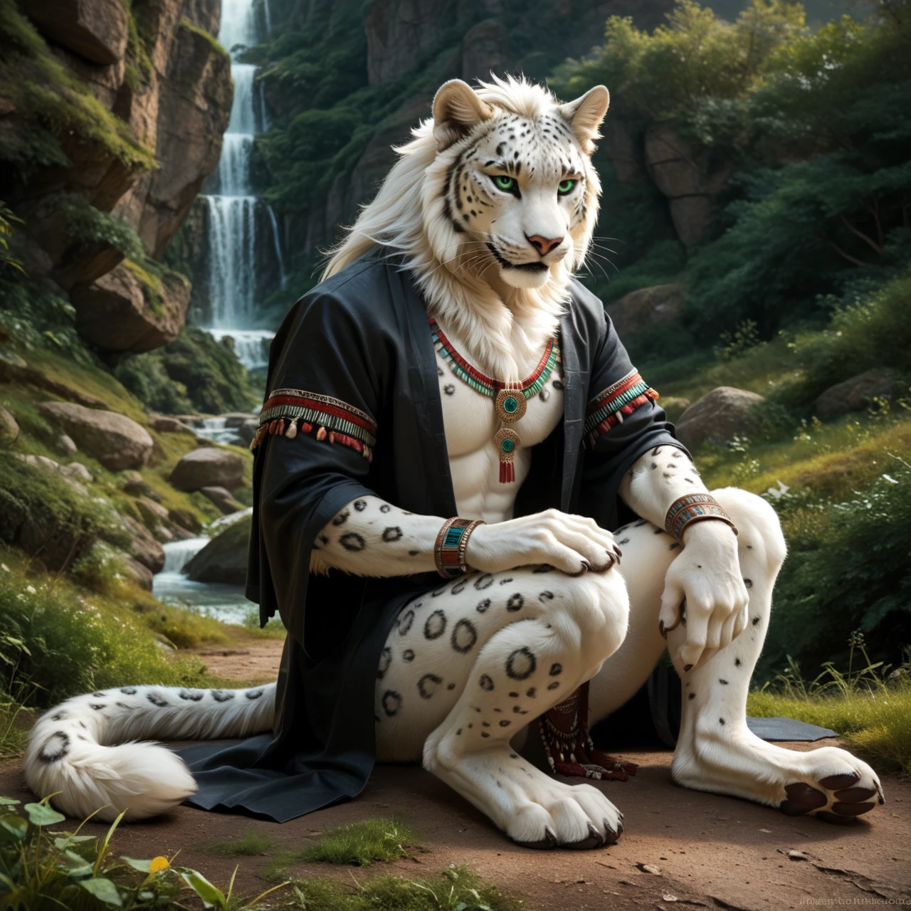 score_9, score_8_up, score_7_up, score_6_up, white leopard, male, with mane, indian archer, indian tribal clothing, anthro, sits, human-like hands, (detailed background), nature, in the high mountains, white fur, (solo), high quality, furred body, paws, handpaw, fluffy, silver bracelets on all legs, silver bracelets on the calf, with claws, silver collar with medallion, intense panther-coat-pattern on the entire body, makes grimaces, strong dark coat markings, (detailed eyes, green eyes), slightly muscled, highly detailed, realistic white fur, beautiful, photorealism, photorealistic, dslr, photo, full body, pawpads, paw pads, dutch angle