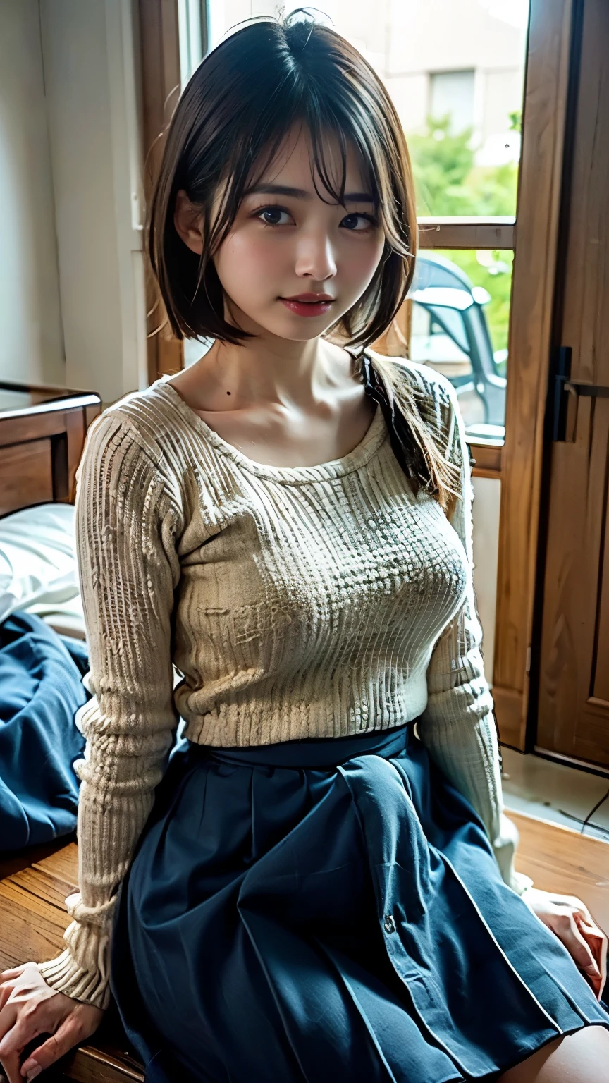 超highest quality、masterpiece、超High resolution、Depth of written boundary、(Photoreal:1.4)、(award winning photos、信じられないほどのmasterpiece:1.3) 、RAW photography、golden ratio、Highly detailed CG Unity 8K wallpaper、detailed and complex、original、High resolution、RAW photo、(perfect body shape)、detailed and complex、Digital single-lens reflex camera、soft writing、(background person blur:1.1)、Sigma 85mmF/1.4、50mm Lenac lighting、nffsw、hyper real、color grade, open your legs, japanese girl , 18-year-old, (smile:0.7), (((lift up your skirt、Pull up your skirt yourself))), sailor suit, long sleeve, white panties, camel toe, にやにやのsmile, very short hair , (high color saturation:1.0), (highly detailed skin), (highest quality:1.0), (超High resolution:1.0) ,(realistic:1.0), (Super detailed:1.0), (8K, RAW photo:1.1),NSFW,