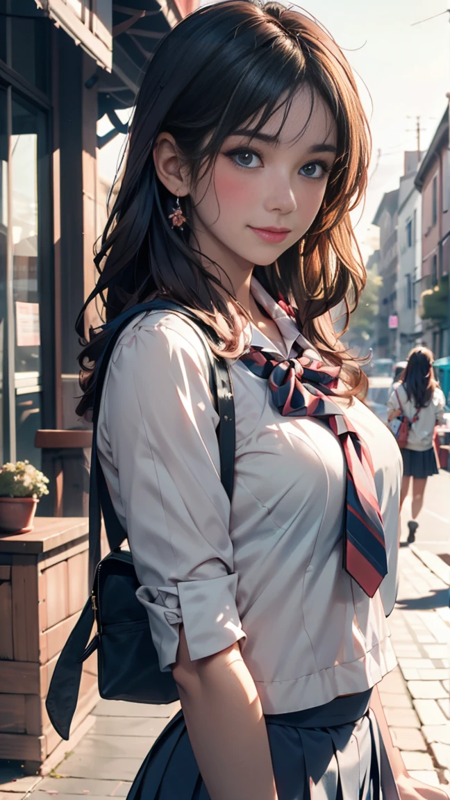 Airi Akizuki. oni chichi, masterpiece, Highest quality, Very detailed, figure, Flat Color, Depth of written boundary, , , 1 girl, young, anime, Returning Home, full length, blonde, Twin tails, Looking at the audience, red pleated mini skirt, Wet white button-down shirt, school uniform, Seraphim, Blue tie, Very good, black tights, Small red backpack(Japanese school bags), Detailed leather texture, Detailed fabric texture, Beautifully detailed face, Big Breasts, blue eyes, tired, A light smile, Pink Panties