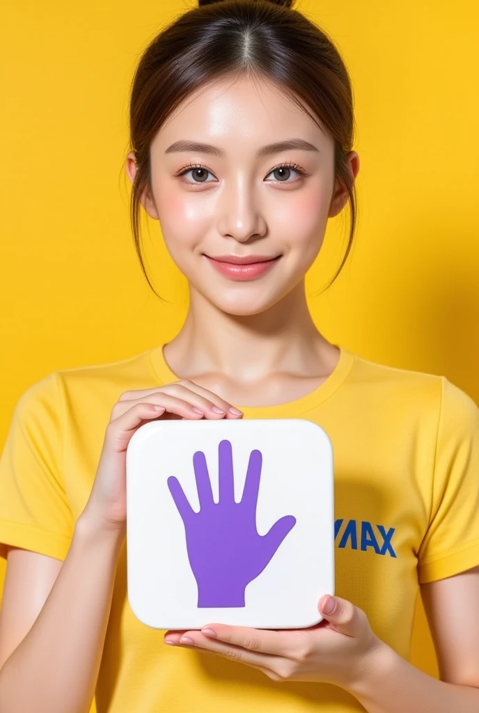  logo. Asian girl holding purple hand fit square-shaped powerway bank, Yellow shirt with REMAX ,  Realistic photo 