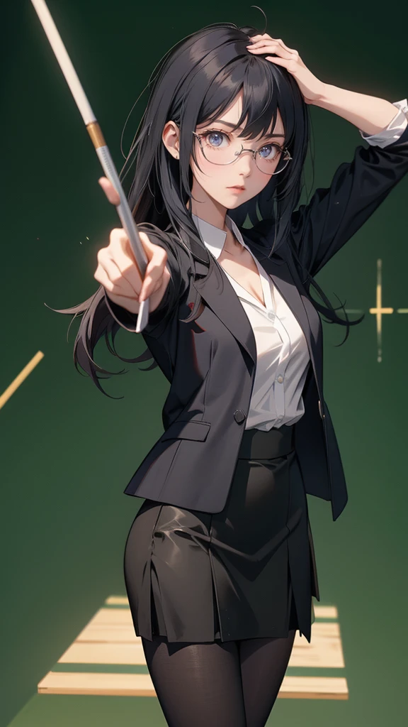 Anime style, sharp, high contrast and highly detailed. Ghibli anime style. Perfect anatomy. Perfect body ratio. No oversized head. No blurry, out of focus pictures. No simple background, no single color background
sadayo_kawakami is standing in a classroom in front of a blackboard. ( wearing dark blazer,  pencil skirt. Pantyhose, glasses), She is pointing to a formula written on the blackboard using a stick. She is a teacher teaching math class.