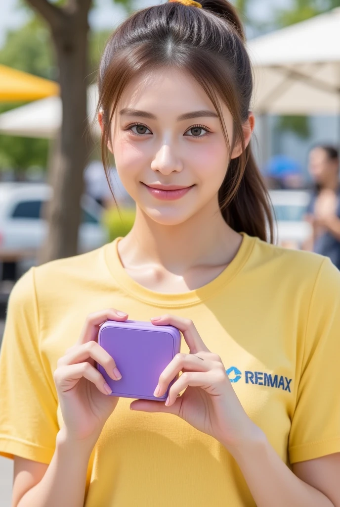 Asian Girl Holding Purple Square Shaped Powerway Bank, Yellow shirt with REMAX ,  Realistic photo 