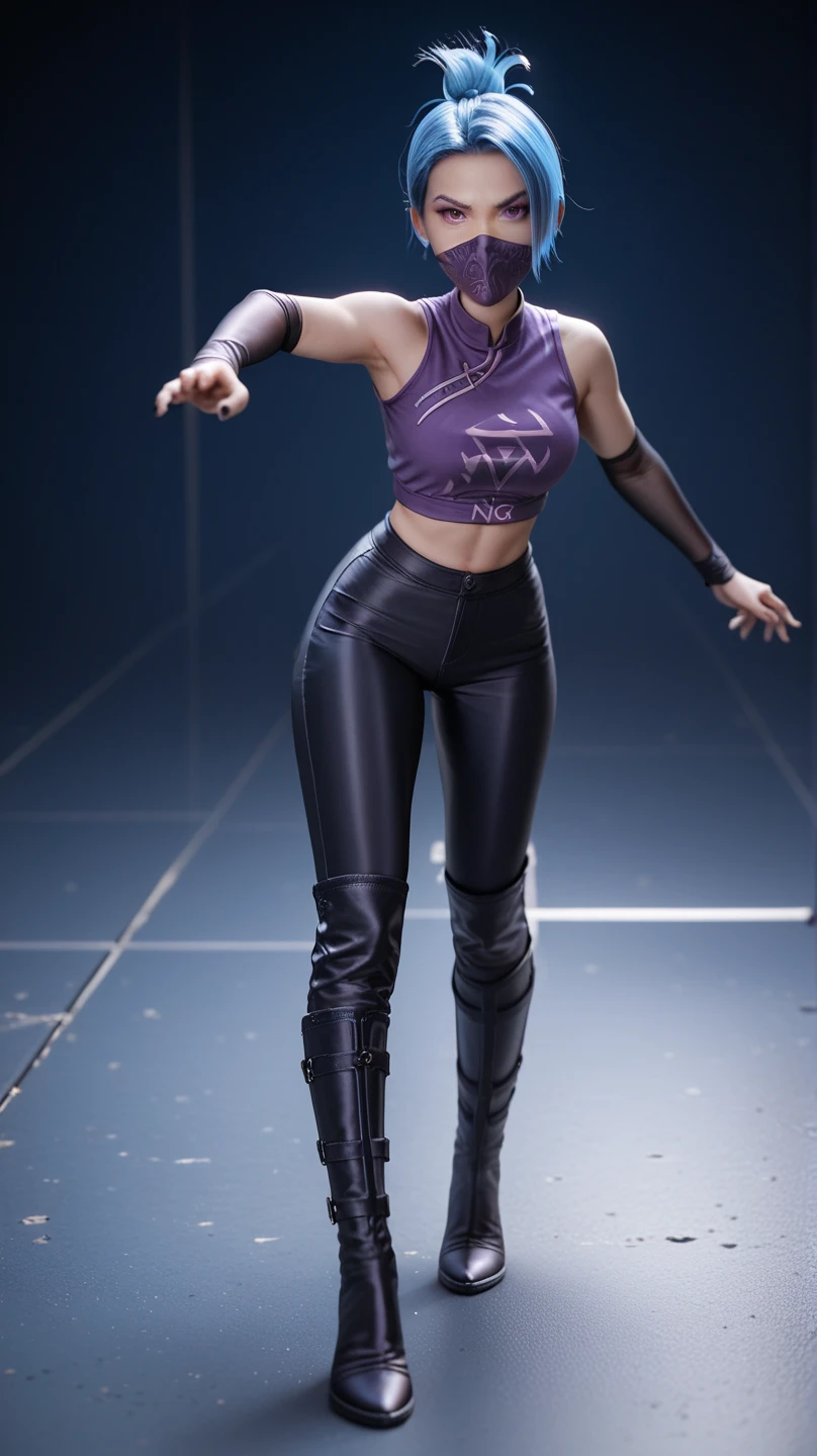 1girl, night thief, blue hair, folded ponytail, purple eyes, ninja mask, mouth mask, purple crop top, black shiny high waisted disco pants, black elbow gloves, thigh boots, standing on the floor, battle stance, look at the viewer