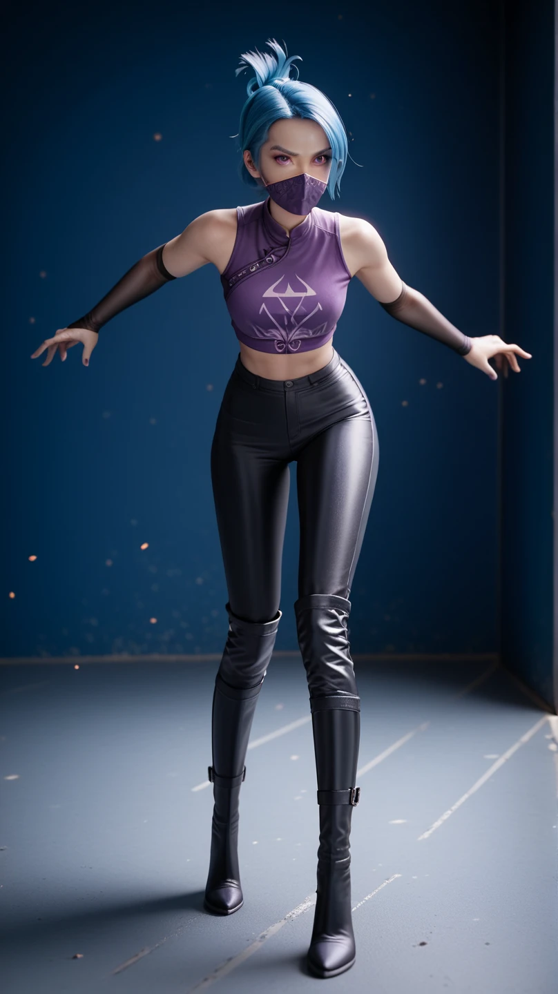 1girl, night thief, blue hair, folded ponytail, purple eyes, ninja mask, mouth mask, purple crop top, black shiny high waisted disco pants, black elbow gloves, thigh boots, standing on the floor, battle stance, look at the viewer