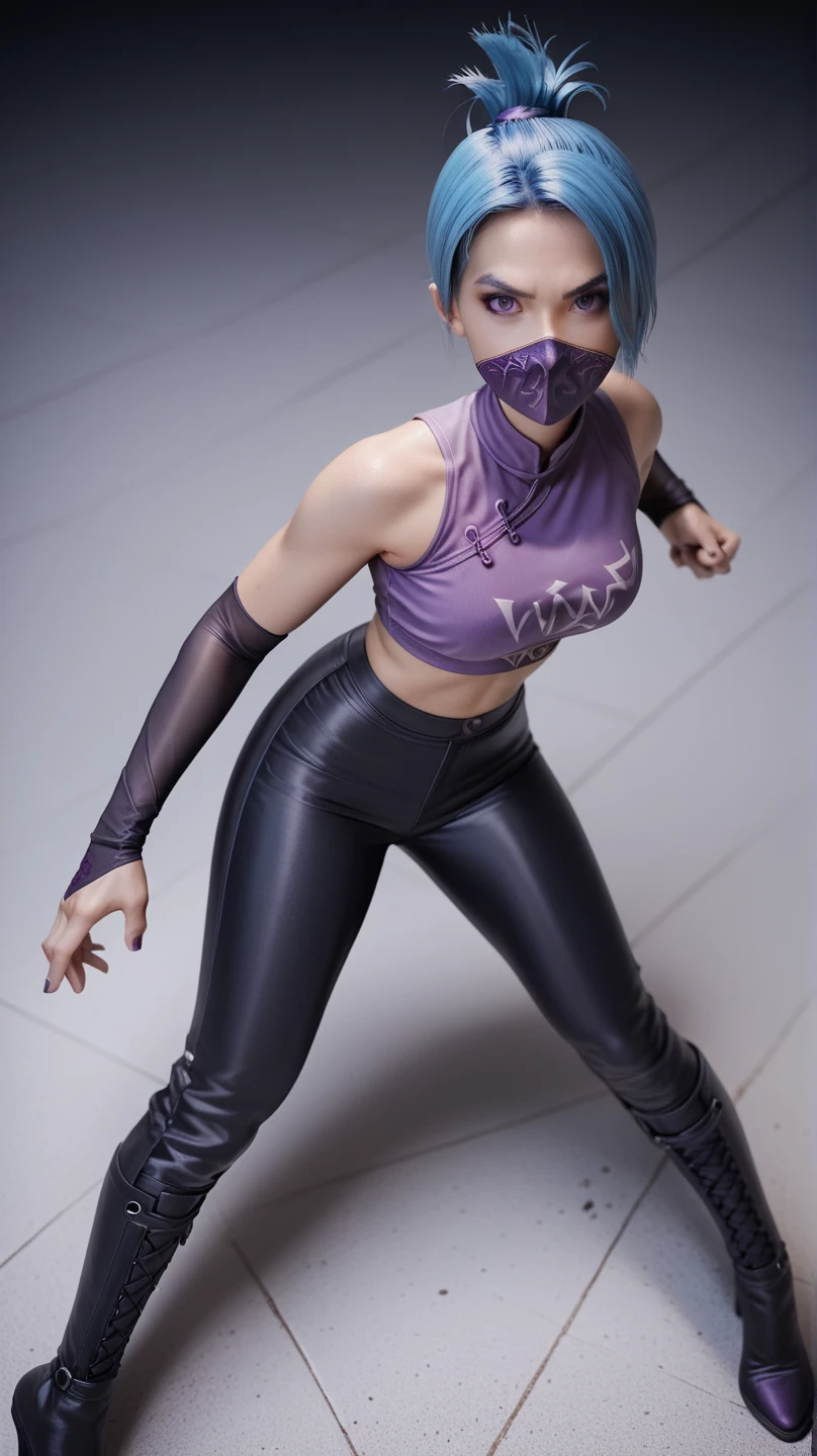 1girl, night thief, blue hair, folded ponytail, purple eyes, ninja mask, mouth mask, purple crop top, black shiny high waisted disco pants, black elbow gloves, thigh boots, standing on the floor, battle stance, look at the viewer