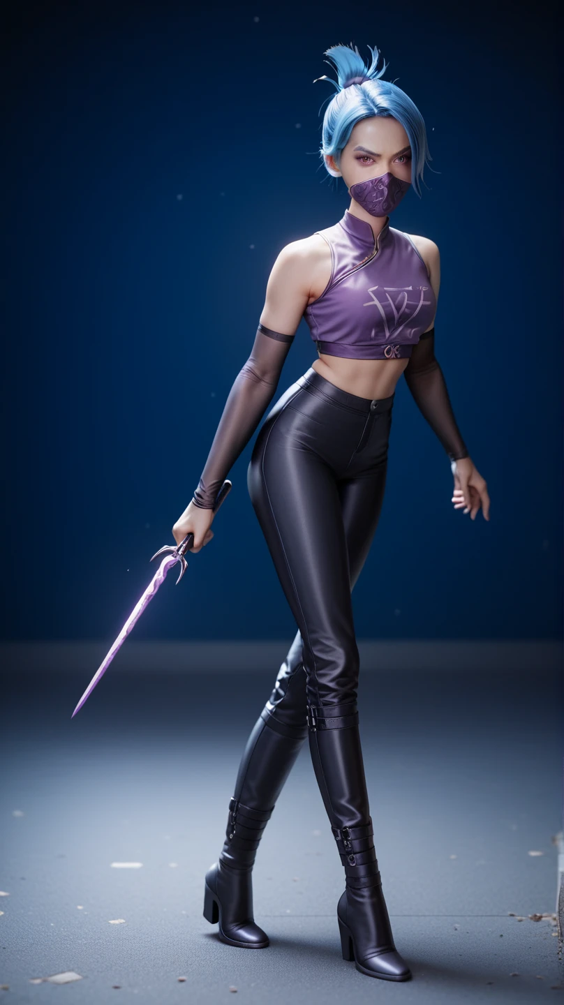 1girl, night thief, blue hair, folded ponytail, purple eyes, ninja mask, mouth mask, purple crop top, black shiny high waisted disco pants, black elbow gloves, thigh boots, standing on the floor, battle stance, look at the viewer