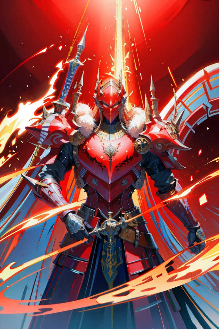 Red armor all over，Hold a long sword，Background Palace( best quality,  detailed background,  high resolution , Ridiculous, Exposure to light)
