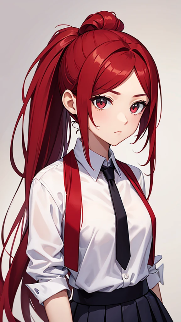 girl， white top Chinese shirt ， horse face skirt ， hair with a high ponytail ， tie the hair with long red hair。Cool expression 。