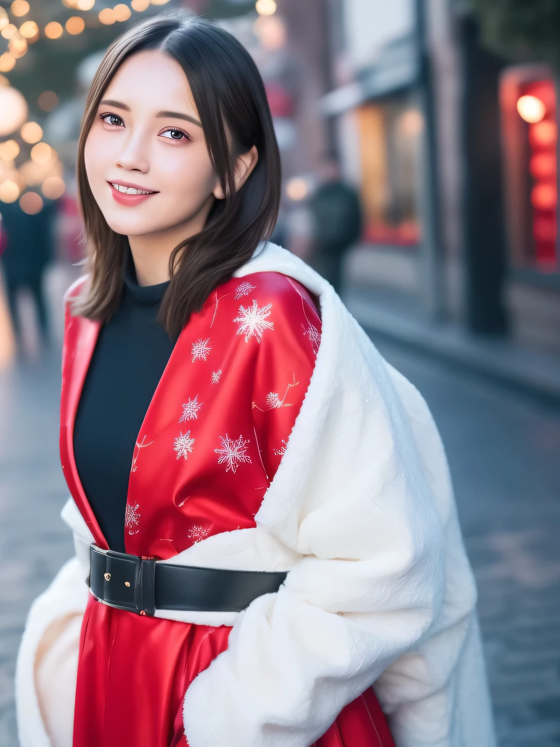 She is dressed in a classic Santa Claus outfit, with a red and white coat, a matching skirt, and black boots, perfectly tailored to her small frame. On her back, she carries a large, white sack filled with presents, the soft fabric of the bag hinting at its generous contents. The The background is a street corner illuminated with Christmas decorations, with the sky transitioning from a warm orange of sunset to the cool blue of night. Snowflakes gently fall, adding to the tranquil winter atmosphere. The girl’s bright and cheerful expression contrasts beautifully with the peaceful surroundings, evoking a sense of warmth and festive joy. ( RAW photos , top quality ), ( realistic , photo- realistic :1.4), masterpiece, very delicate and beautiful , extremely detailed , 2k wallpaper, wonderful, detailed description , extremely detailed CG unity 8k wallpaper, ULTRA DETAIL, High Definition , Soft light, Beautiful detailed girl, extremely detailed eyes and face, beautiful detailed nose, beautiful detailed eyes, Cinematic Lighting, perfect anatomy, smile.