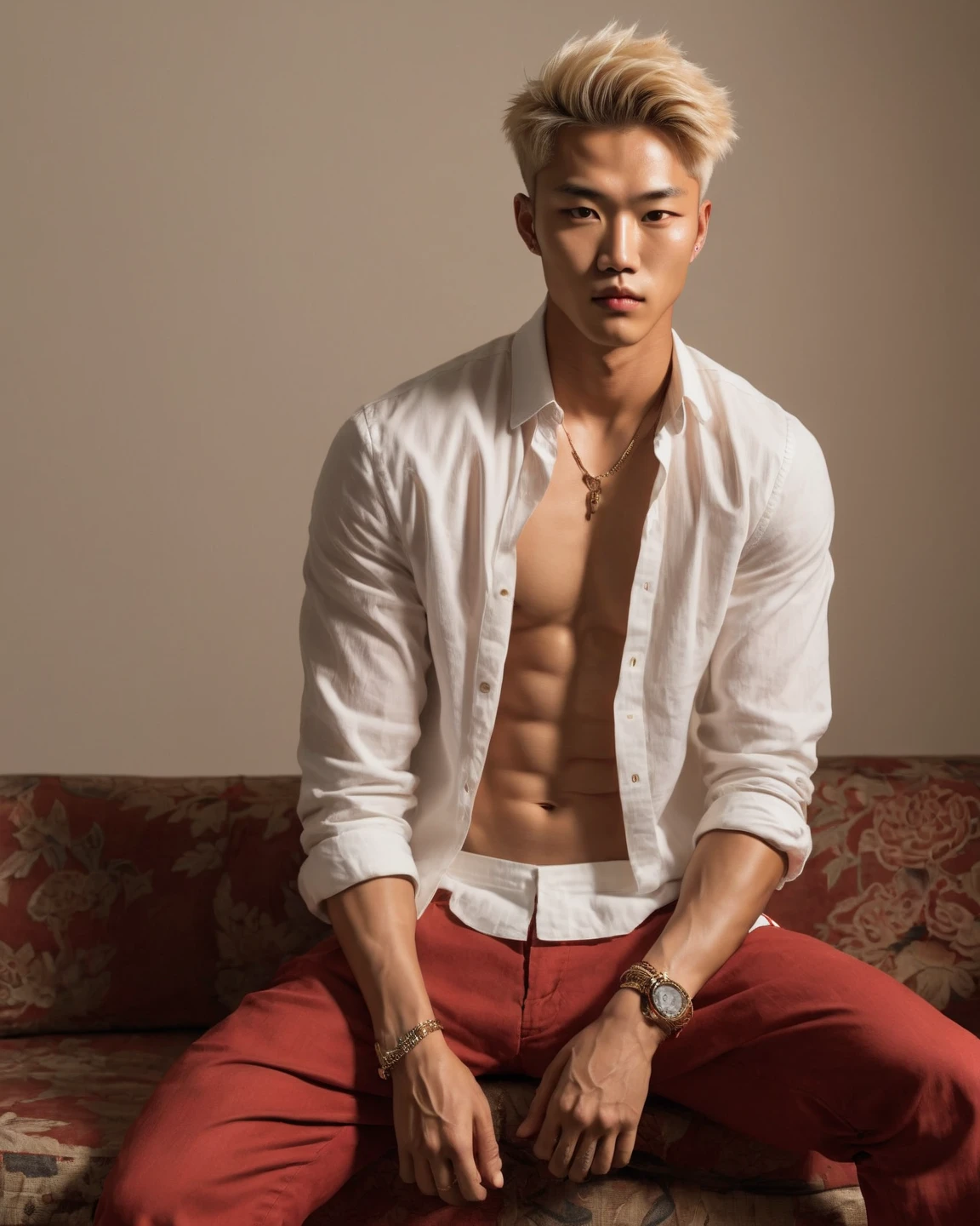 Masterpiece, Best Quality, Solo, Korean Men, swimmer, Muscular body, big muscle, Natural eyes, Short and delicate white hair, Sexy Man, light tan skin, looking at the viewer, topless, thong, large protrusions, sensual, sitting, lifted arms, spread legs
