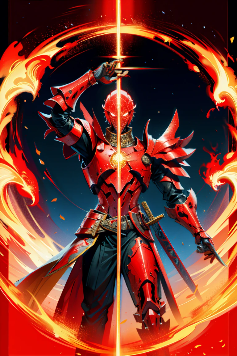 Red armor all over，Holding a sword，Background Palace( best quality,  detailed background,  high resolution , Ridiculous, Exposure to light)
