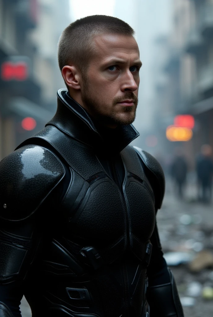 Front view, full body, 1 American actress, name is Ryan Gosling ,  next cinema  Blade Runner 2049, title Blade Runner 2069 ,(buzz cut , serious) future technical costume,  black protect hot wear, in Waste New York, The protagonist knows the answer to the question of what should be done now, whether it is the world after the world war, the world of environmental destruction due to global warming, or the world as it is now for the next 100 years. (photographic, super high definition , retina, masterpiece,  anatomically correct, Accurate, textured skin,  super detailed,   High Details  ,  High Quality ,  High Quality ,  high definition , 8k)
