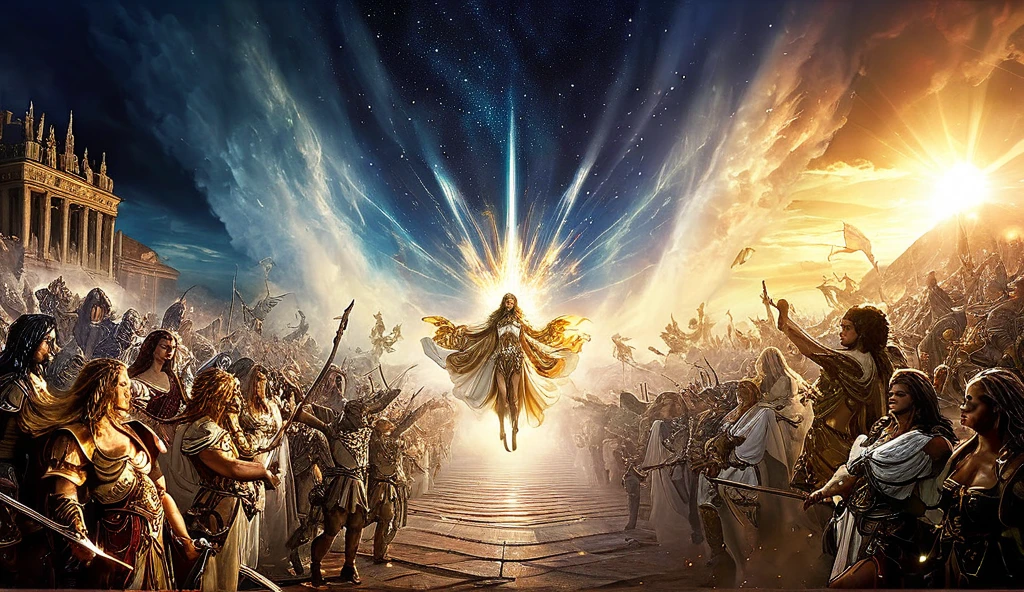 a group of angels descend from the heavens in an epic atmosphere