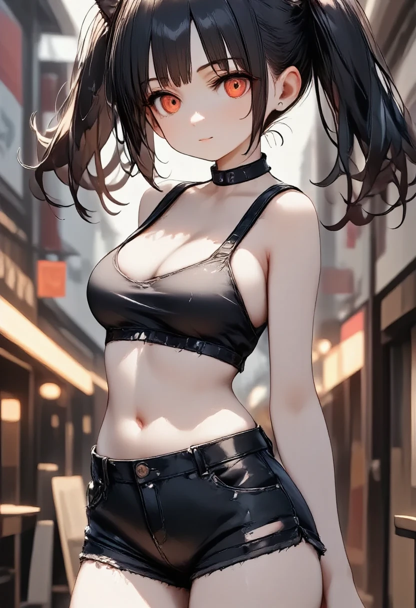 NSFW、 One girl \(cute, Cute,Charming,Charmingな, seductive , Evil Smiles , smirking ,  open mouse over P,tooth, black hair, long hair,Twin tail hair,青 white skin,  white skin,  red eyes,  short hair jacket with shining eyes ,Very large eyes, Big Breasts ,  Perky Breasts  ,  Punk Fashion,  torn clothes ,  Tight Tube Tops, Tight hot pants, The stomach is visible, ripped black short jacket, Fluffy black cat ears, spiral eyes, bang, pocket\),background\(outside, Noisy city, Backstreet,  narrow street ,  from behind , At night\), 3d rendering , portrait, bust up,from below, close-up girl