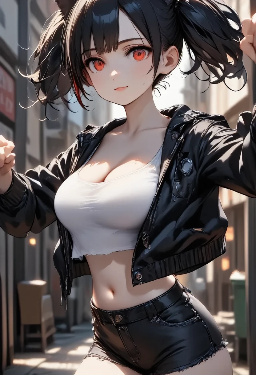 NSFW、 One girl \(cute, Cute,Charming,Charmingな, seductive , Evil Smiles , smirking ,  open mouse over P,tooth, black hair, long hair,Twin tail hair,青 white skin,  white skin,  red eyes,  short hair jacket with shining eyes ,Very large eyes, Big Breasts ,  Perky Breasts  ,  Punk Fashion,  torn clothes ,  Tight Tube Tops, Tight hot pants, The stomach is visible, ripped black short jacket, Fluffy black cat ears, spiral eyes, bang, pocket\),background\(outside, Noisy city, Backstreet,  narrow street ,  from behind , At night\), 3d rendering , portrait, bust up,from below, close-up girl