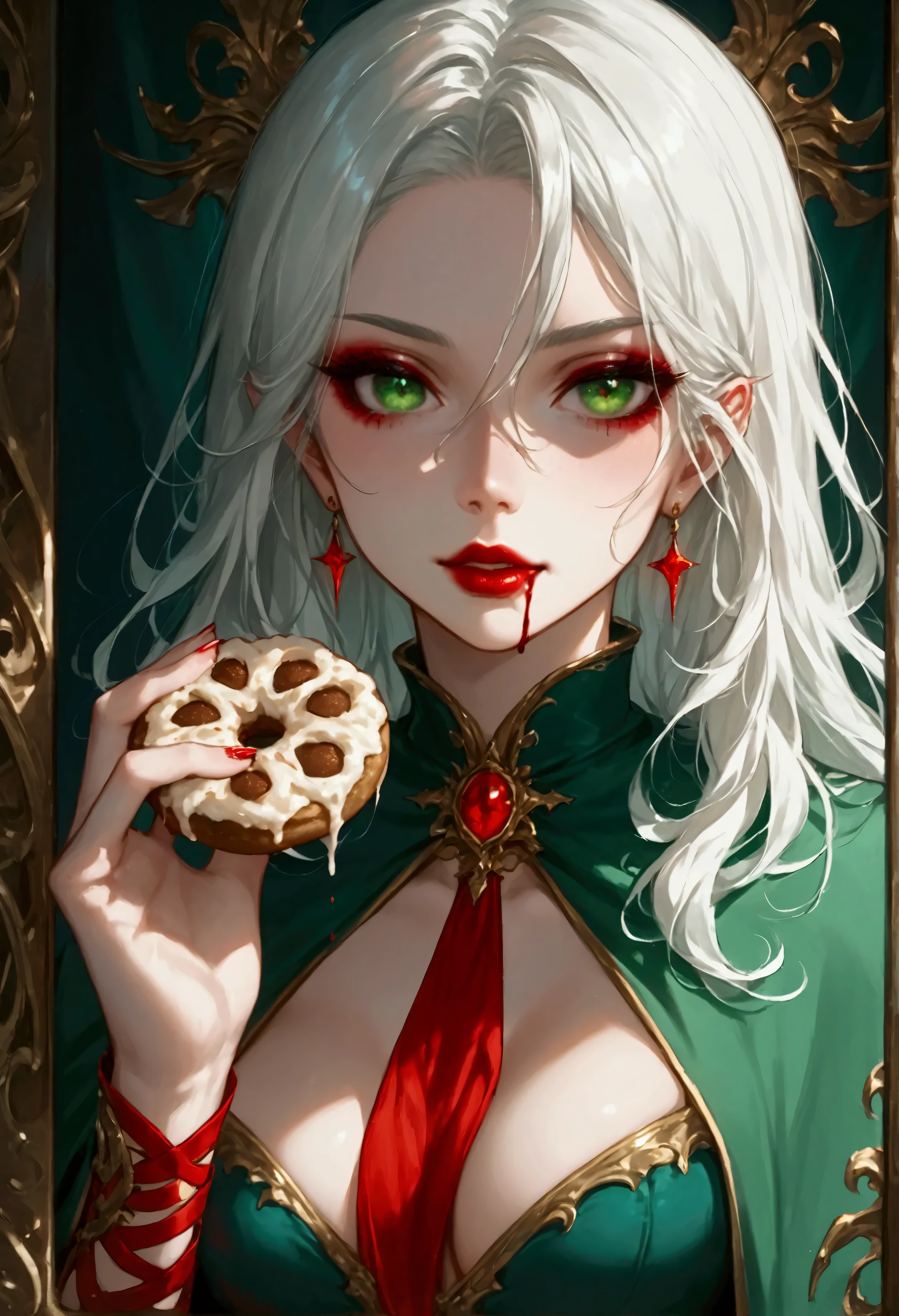 score_9, score_8_up, score_7_up, score_6_up, score_5_up, score_4_up, Arafed, a portrait of an vampire woman eating a (bloody cookie: 1.1), drpping blood, exotic beauty, long hair, white hair, (emerald green eyes), dark red lips, glamour shot, she wears an (red: 1.3) elegant suit, (green cloak: 1.3), high heel boots, full body shot, 16k, ultra detailed, masterpiece, best quality, (extremely detailed), arafed, dnd art Cinematic Shot