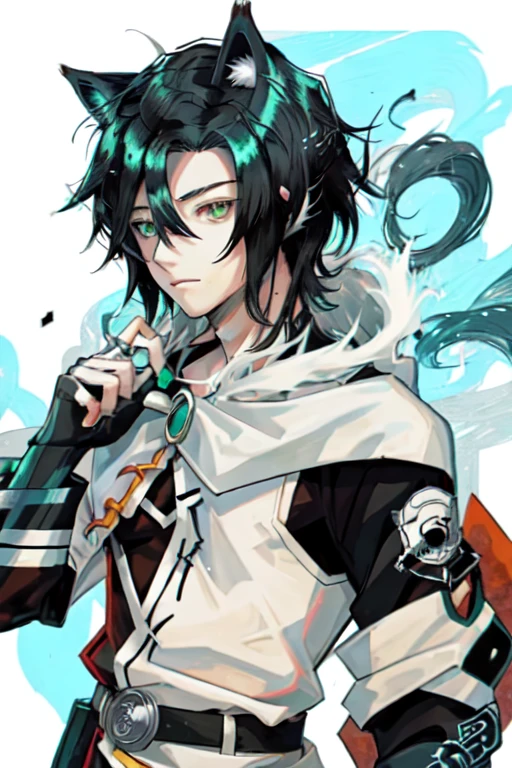 Male anime character with fox ears, white and black wild hair, green eyes,  