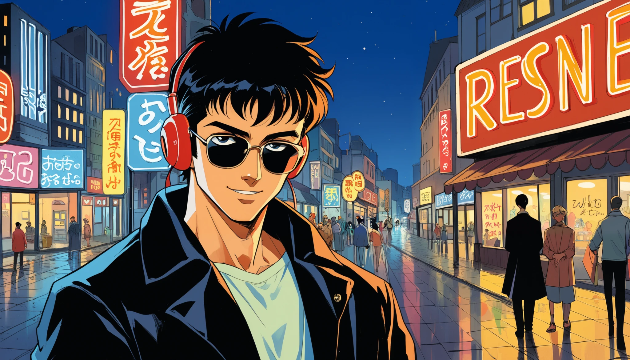 Classic 80s and 90s anime-style portrait of a young man with short, slightly messy black hair, wearing large, vibrant-colored over-ear headphones and stylish rectangular sunglasses. He has a cheerful and relaxed expression, radiating a friendly and approachable vibe. This time, he is wearing a long coat and walking through a bustling city at night, surrounded by neon lights and glowing signs. The background features a nighttime cityscape with soft pastel colors and a slightly darker atmosphere, enhancing the retro aesthetic. The art style is highly detailed with bold outlines, rich colors, and smooth cel-shading, capturing the essence of classic anime.