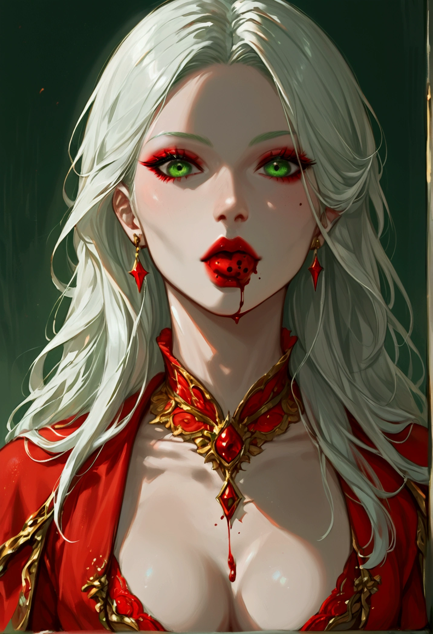 score_9, score_8_up, score_7_up, score_6_up, score_5_up, score_4_up, Arafed, a portrait of an vampire woman eating a (bloody cookie: 1.1), drpping blood, exotic beauty, long hair, white hair, (emerald green eyes), dark red lips, glamour shot, she wears an (red: 1.3) elegant suit, (green cloak: 1.3), high heel boots, full body shot, 16k, ultra detailed, masterpiece, best quality, (extremely detailed), arafed, dnd art Cinematic Shot