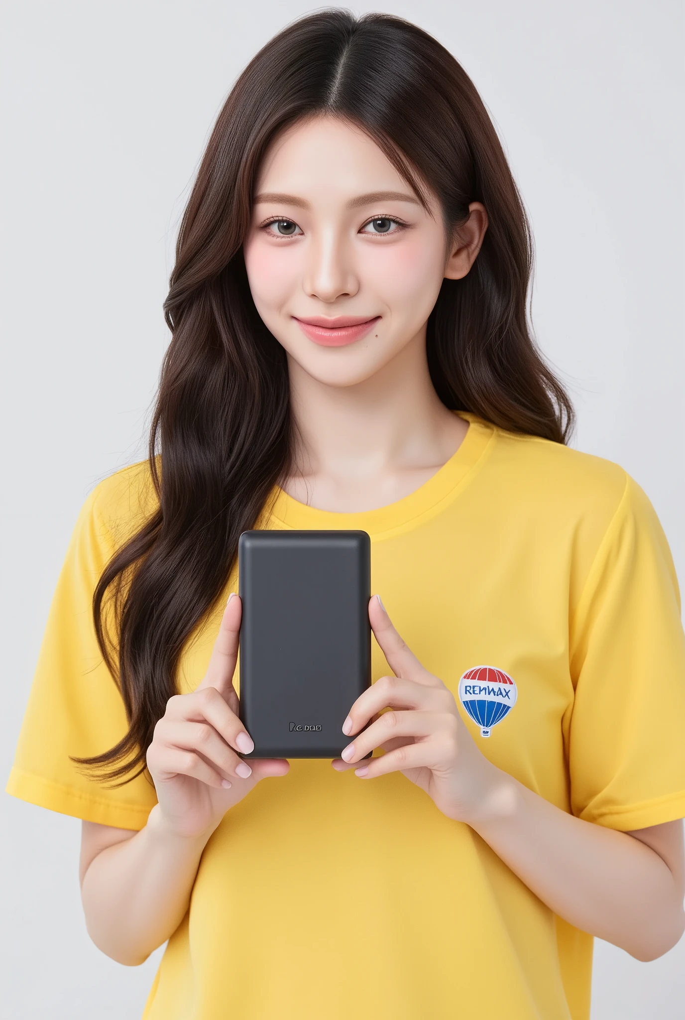 Asian Girl Holding Black Square Shaped Powerway Bank, Yellow shirt with REMAX ,  Realistic photo 