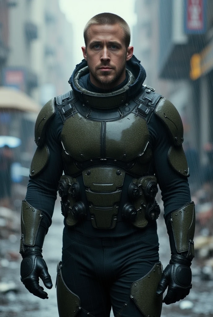 Front view, full body, 1 American actress, name is Ryan Gosling ,  next cinema  Blade Runner 2049, title Blade Runner 2069 ,(buzz cut , serious) future technical costume,  black protect hot wear, in Waste New York,  back fall rain, The protagonist knows the answer to the question of what should be done now, whether it is the world after the world war, the world of environmental destruction due to global warming, or the world as it is now for the next 100 years. (photographic, super high definition , retina, masterpiece,  anatomically correct, Accurate, textured skin,  super detailed,   High Details  ,  High Quality ,  High Quality ,  high definition , 8k)
