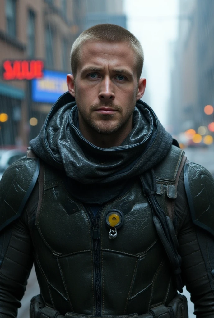 Front view, full body, 1 American actress, name is Ryan Gosling ,  next cinema  Blade Runner 2049, title Blade Runner 2069 ,(buzz cut , serious) future technical costume,  black protect hot wear, in Waste New York,  back fall rain, The protagonist knows the answer to the question of what should be done now, whether it is the world after the world war, the world of environmental destruction due to global warming, or the world as it is now for the next 100 years. (photographic, super high definition , retina, masterpiece,  anatomically correct, Accurate, textured skin,  super detailed,   High Details  ,  High Quality ,  High Quality ,  high definition , 8k)
