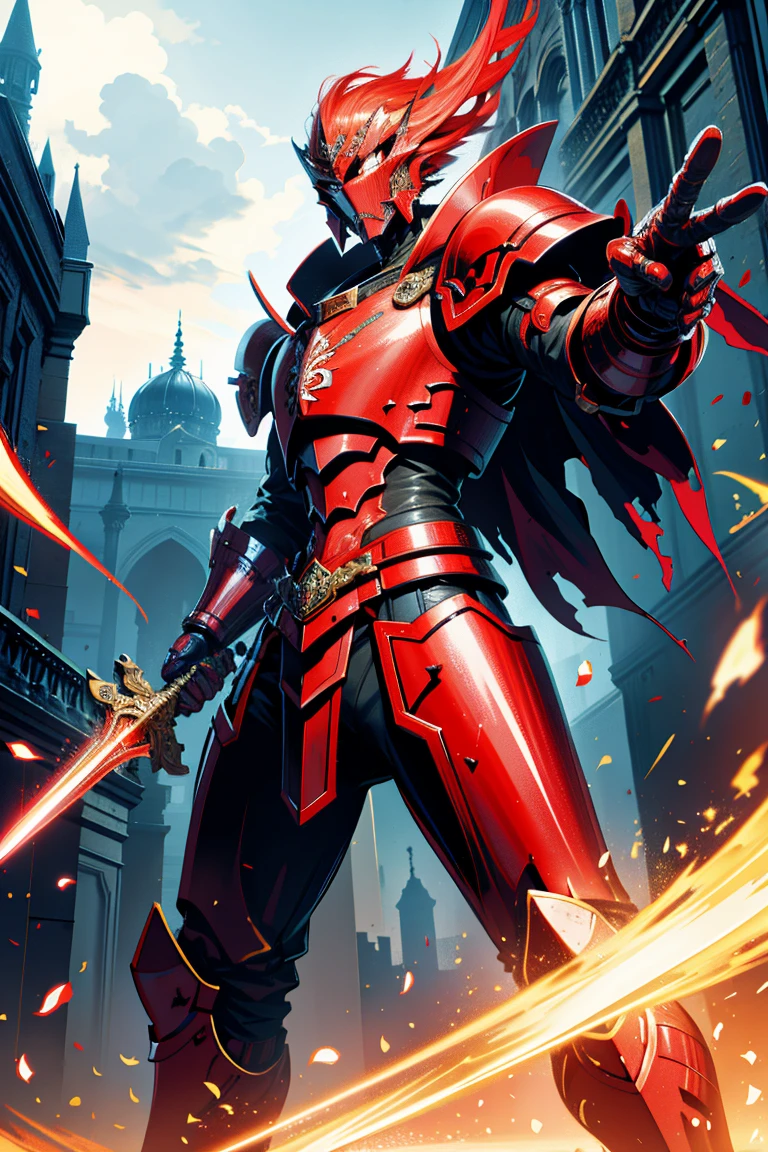 Red armor all over，Holding a sword，Background Palace( best quality,  detailed background,  high resolution , Ridiculous, Exposure to light)
