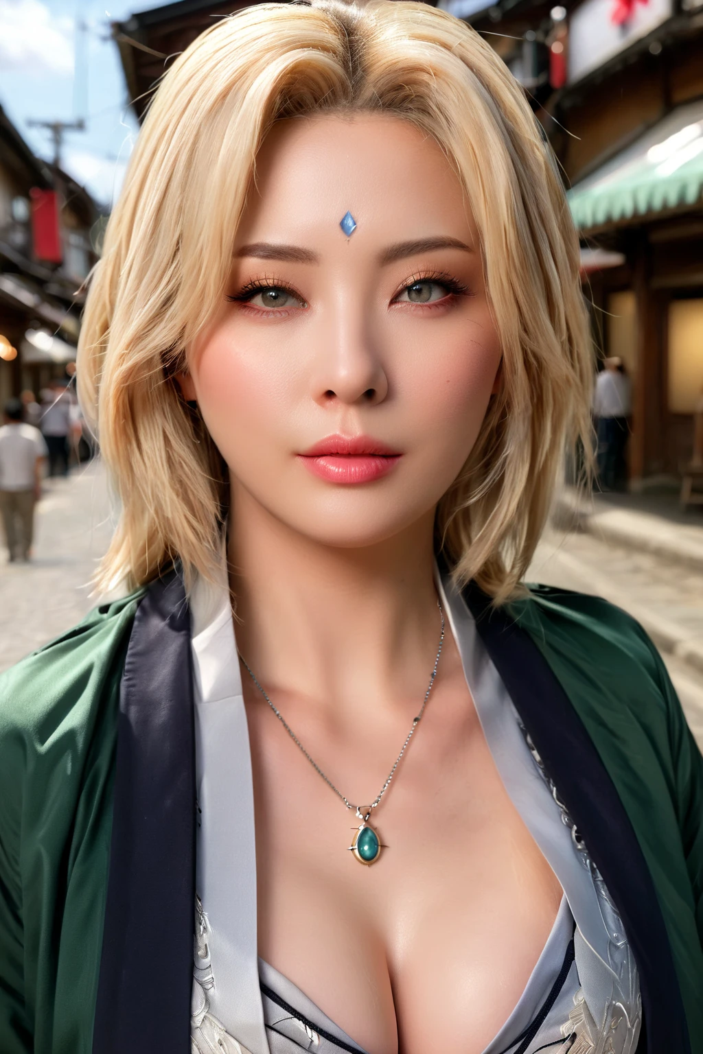 Tsunade, ((Big Breasts)),  clevis on a stone, clavicle,((Tsun Costume)), (Suntan jacket), (Tsun Necklace),  mature woman,  attractive expression,  staring at the viewer, Konoha no Sato ,  outdoors on the street at night, Daytime, ( cowboy shot), ( extremely detailed ,  beautiful detailed face, masterpiece,  beautiful detailed eyes,  top quality ), huge breasts, ((魅惑的な笑face)), 超 High Definition ,4K, super detailed ,  photoshoot, 8k,  High Definition ,  High Definition , (  disorganized :1.2),  Kodak Portrait 400,  film grain,  Blurry Background, (Bokeh:1.2),  lens flare, ( vibrant_color:1.2), professional photos , ( beautiful_face:1.5), ,(((.3))),(((Tighten your elbows, I feel my chest tightening)))、 lace bra