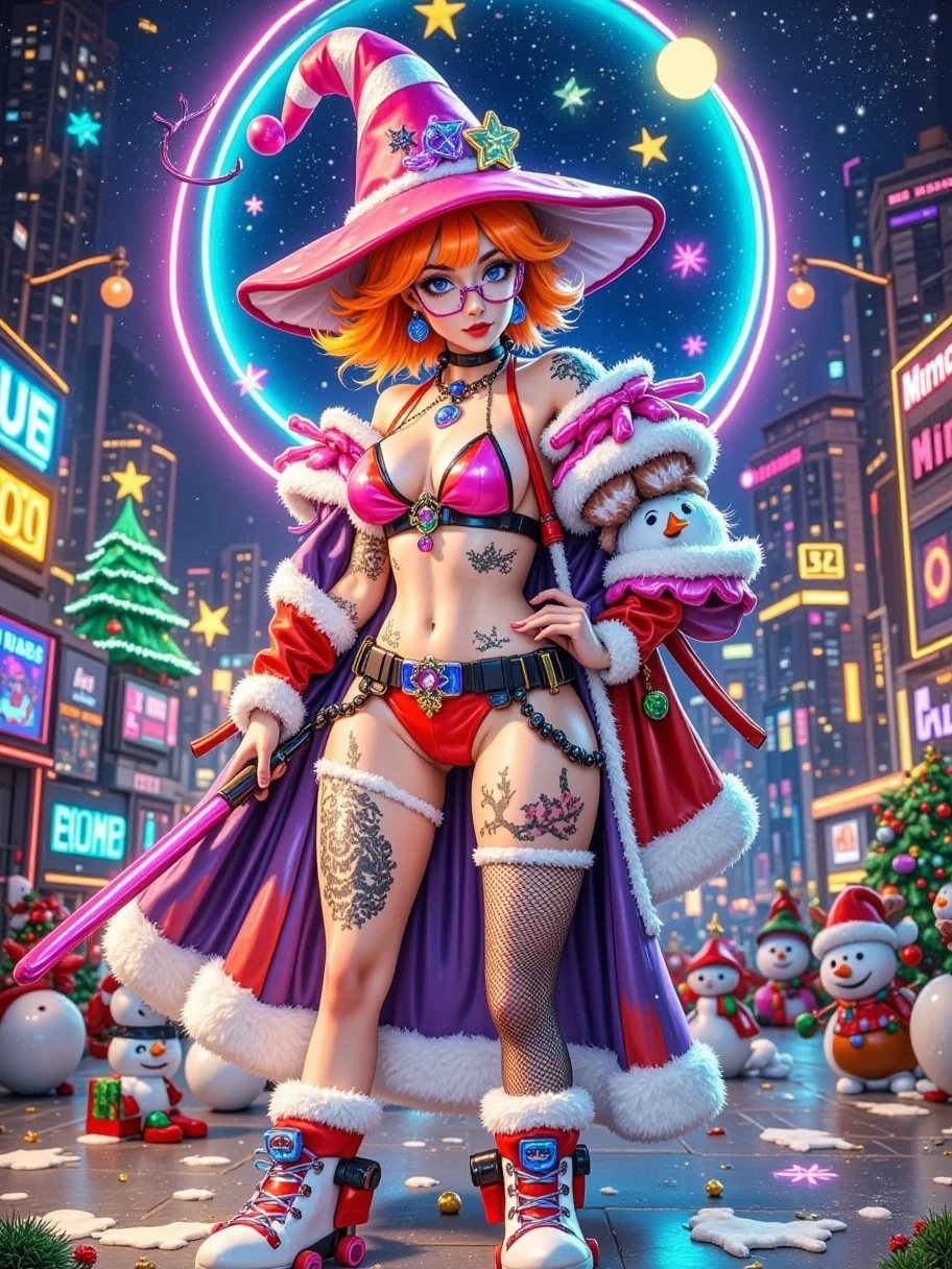 Drawing of Princess Peach from Nintendo wearing a moon wizard hat and glasses, sexy, bikini, (((plump breasts))), roller skating on Miami Beach, background is starry sky and floating islands, dreamy and soft, full body shot, long shot , wide angle, clay style, transparent material, cartoon, clean background, no other items, front view, c4d, blender, oc rendering, high contrast, bright and cheerful colors, simple structure, wide angle lens, full body portrait