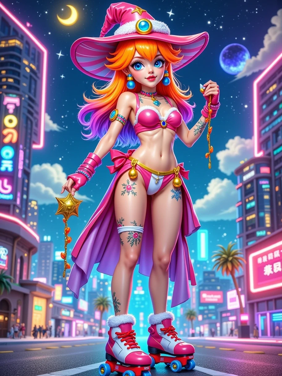 Drawing of Princess Peach from Nintendo wearing a moon wizard hat and glasses, sexy, bikini, (((plump breasts))), roller skating on Miami Beach, background is starry sky and floating islands, dreamy and soft, full body shot, long shot , wide angle, clay style, transparent material, cartoon, clean background, no other items, front view, c4d, blender, oc rendering, high contrast, bright and cheerful colors, simple structure, wide angle lens, full body portrait